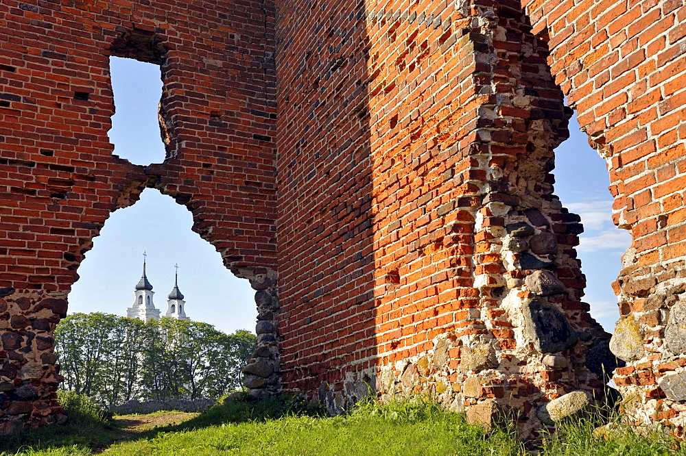 Castle ruins, Castle of the Teutonic Knights, the remains of the gatehouse, view towards St. Mary's Church, Ludza, Latvia, Europe