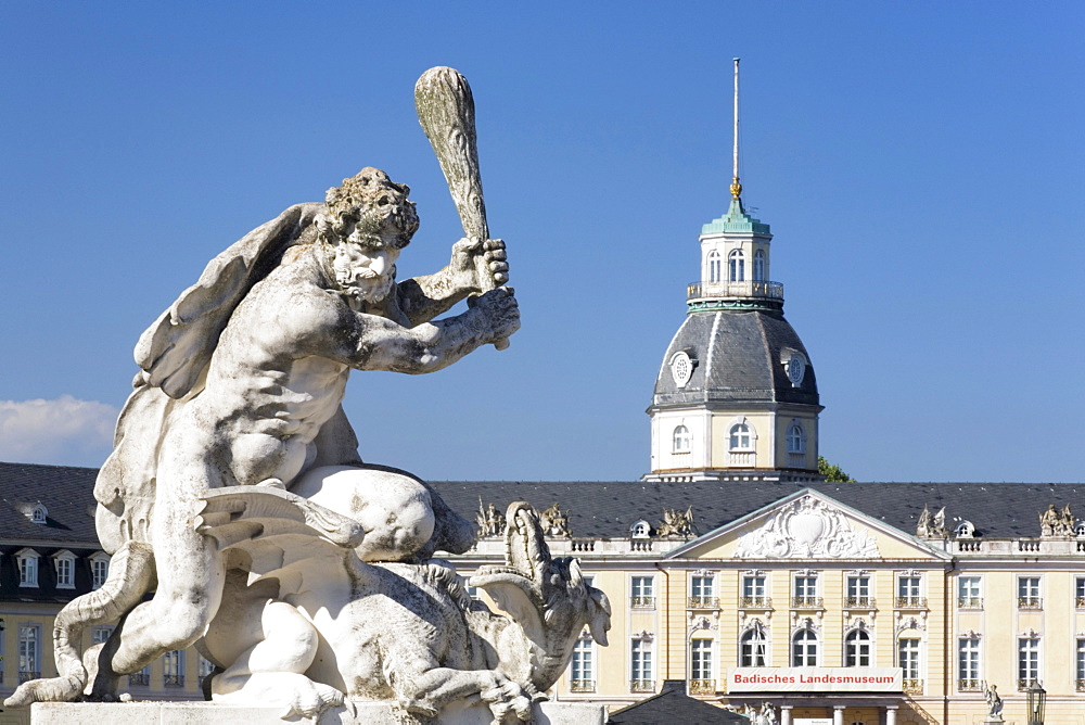 Sculpture in front of Schloss Karlsruhe castle, Karlsruhe, Baden-Wuerttemberg, Germany, Europe