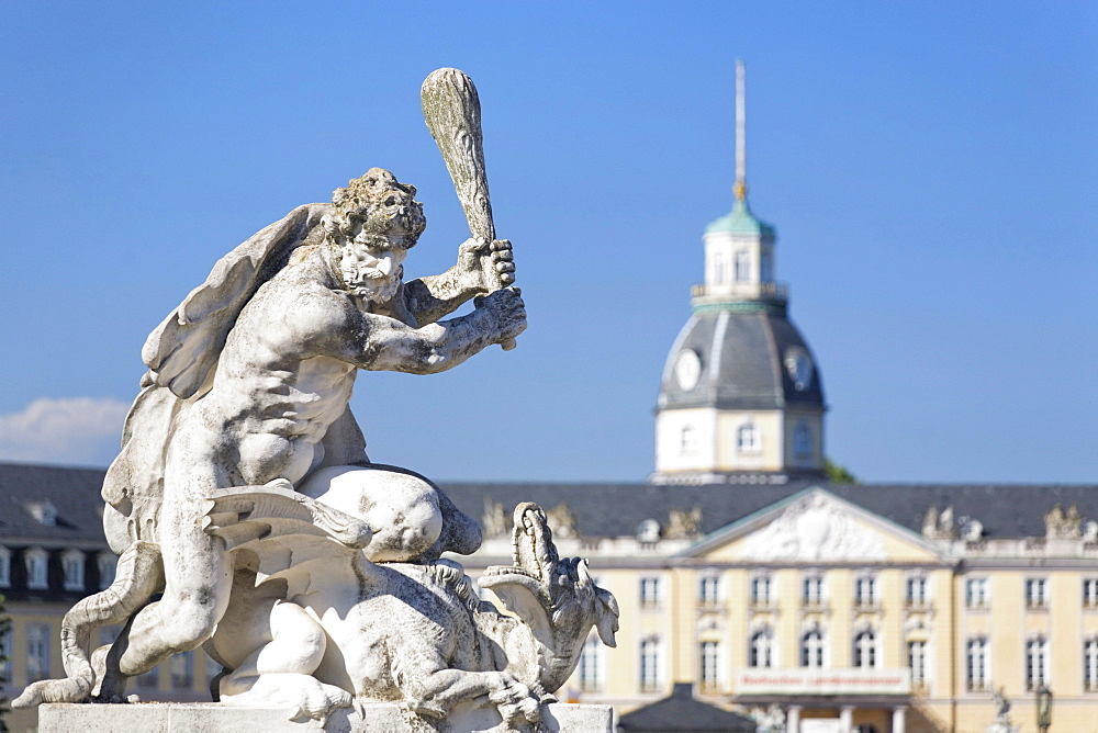 Sculpture in front of Schloss Karlsruhe castle, sculpture focused, Baden-Wuerttemberg, Germany, Europe