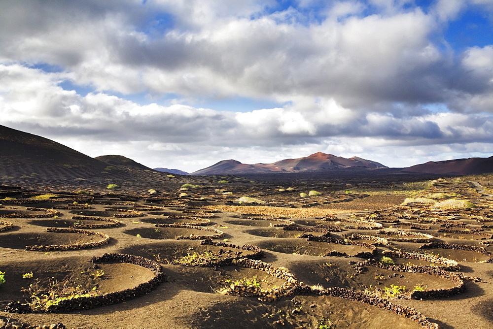 View on the Montanas del Fuego mountains, wine growing area of La Geria, Lanzarote, Canary Insen, Spain, Europe