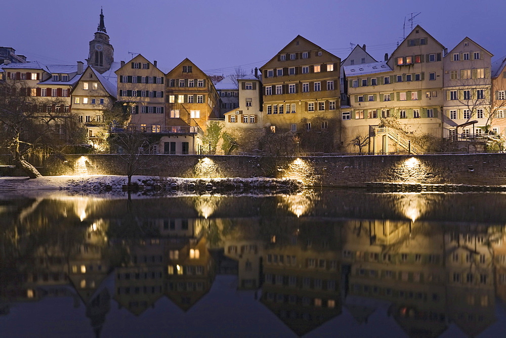 Houses reflected in the Neckar river in Tuebingen, Baden-Wuerttemberg, Germany, Europe