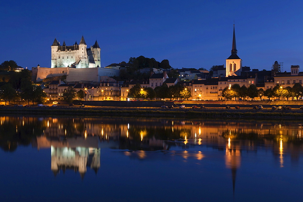 City view with castle and church of Saint Pierre, Saumur, Department Maine-et-Loire, Region Pays de la Loire, France, Europe