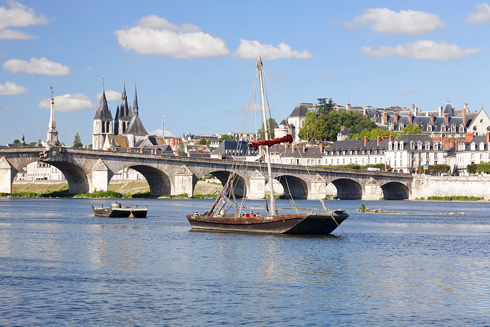 View over the Loire River bridge, Pont Jacques Gabriel, towards Blois and the Church of Saint Nicolas, department of Loire et Cher, France, Europe