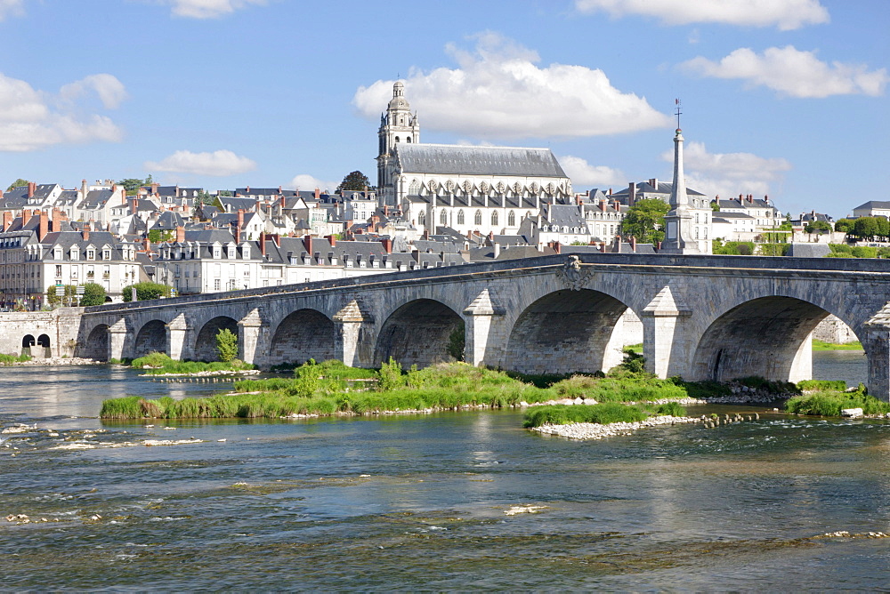 Cityscape of Blois with the Loire River bridge, Pont Jacques Gabriel, and Blois Cathedral, department of Loire et Cher, France, Europe