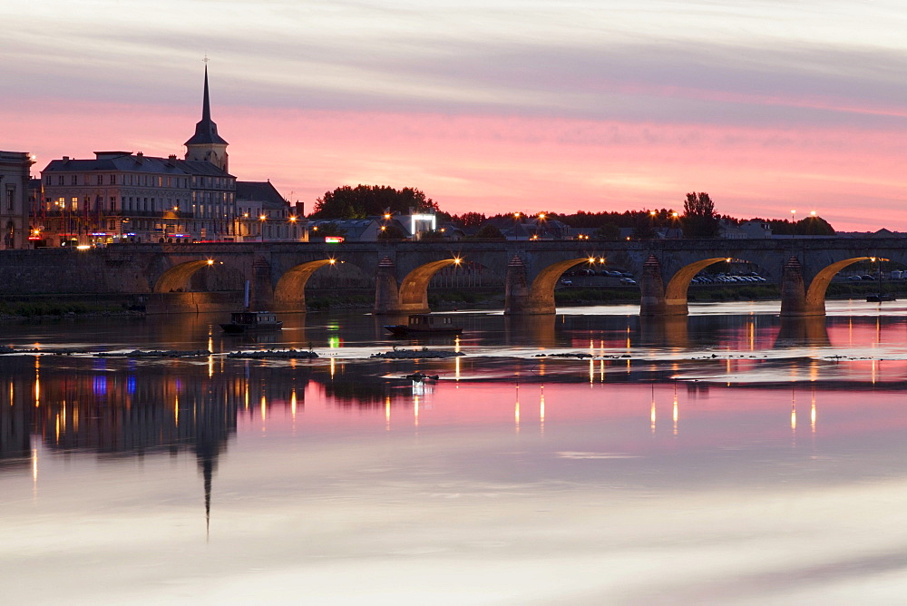 Pont Cessart Bridge reflecting in the Loire River, Saumur, Pays de la Loire, department of Maine et Loire, France, Europe