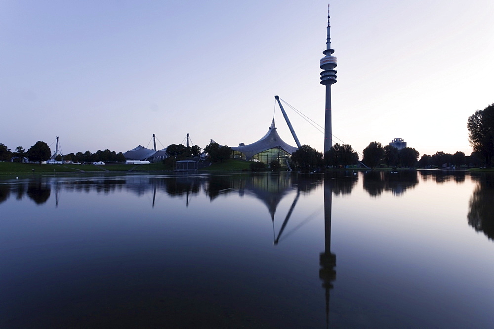 Olympiaturm tower and Olympiahalle, a multi-purpose arena at dawn, Munich, Upper Bavaria, Bavaria, Germany, Europe