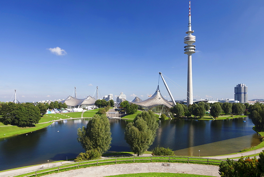 Olympic Park with television tower, Olympic Hall and BMW Tower, Munich, Upper Bavaria, Bavaria, Germany, Europe