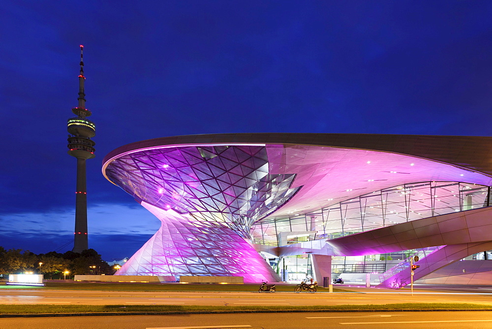 BMW Welt and the Olympic Tower on Mittleren Ring, the central ring road near the Olympic Centre, Munich, Upper Bavaria, Bavaria, Germany, Europe