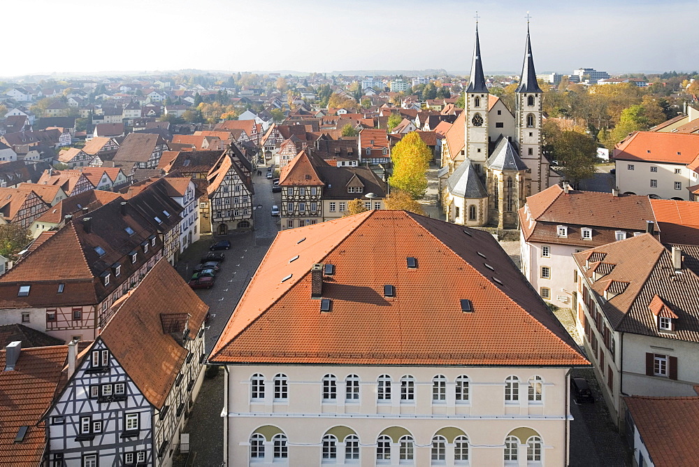 View from the Blauer Turm tower on the old town and the Protestant Church in Bad Wimpfen, Bad-Wuerttemberg, Germany, Europe