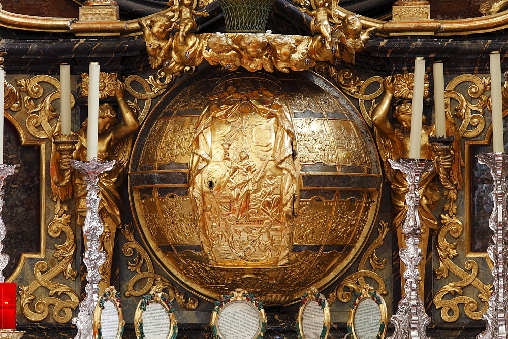 Tabernacle shaped like a globe on the main altar of the abbey church, Duernstein, Wachau valley, Waldviertel region, Lower Austria, Austria, Europe