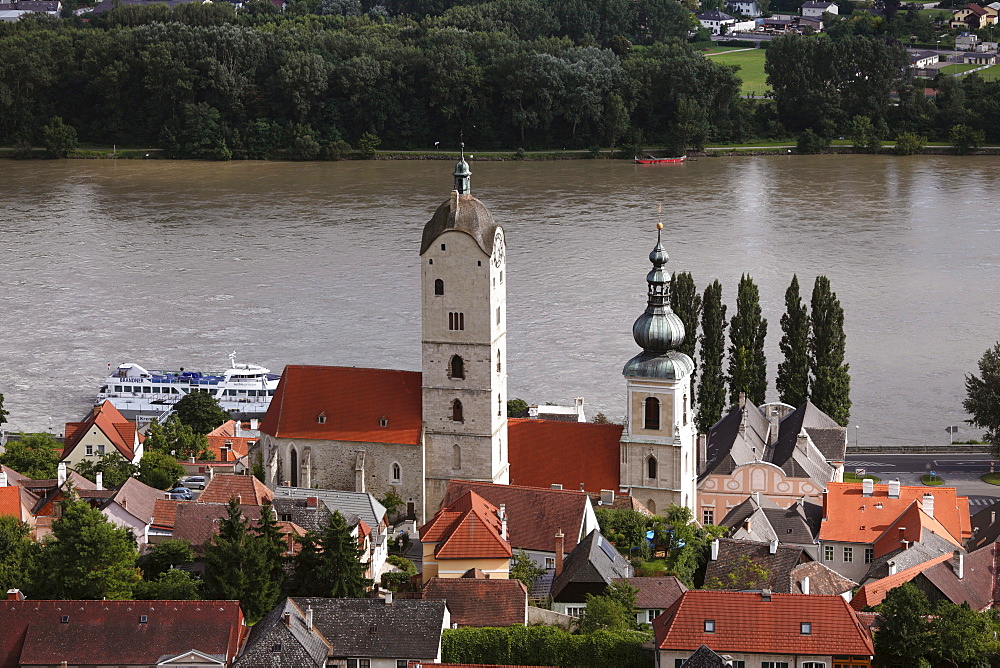 Steeples of Frauenbergkirche Church and St. Nicholas' Church, Stein an der Donau district, Wachau valley, Waldviertel region, Lower Austria, Austria, Europe