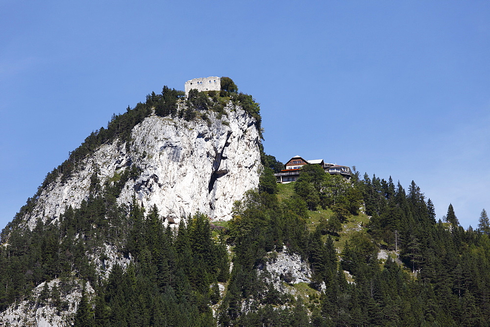 Falkenstein Castle and Burghotel auf Falkenstein, Pfronten, view from Vilstal valley in Austria, Ostallgaeu district, Allgaeu region, Swabia region, Bavaria, Germany, Europe