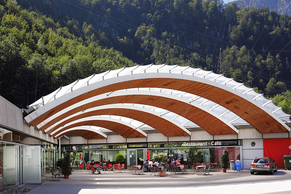 Information center with restaurant, Walchensee Hydroelectric Power Station, Kochel, Upper Bavaria, Bavaria, Germany, Europe