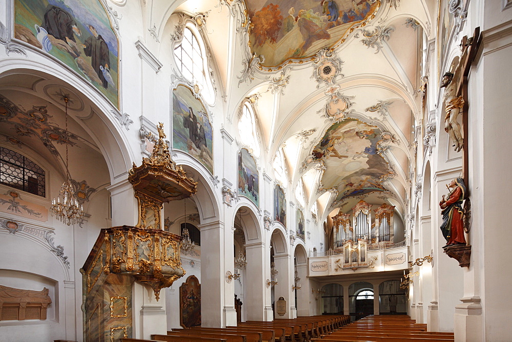 Basilica with pulpit and organ, Kloster Scheyern monastery, Hallertau, Holledau or Hollerdau, Upper Bavaria, Bavaria, Germany, Europe