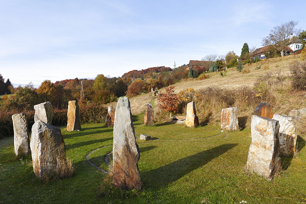 Stone circle, Celtic megalith replicas, Geyersberg, Bergen municipality in the Dunkelsteinerwald area, Wachau, Mostviertel region, Lower Austria, Austria, Europe