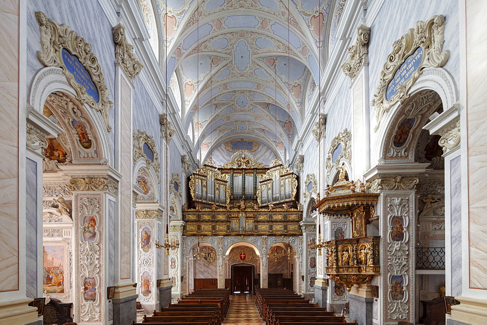 Interior of the Collegiate Church with the pulpit and organ, Goettweig Abbey, Wachau, Mostviertel, Must Quarter, Lower Austria, Austria, Europe