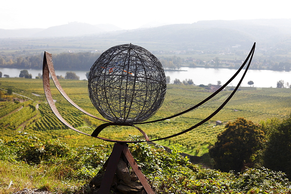 Sculpture wine ship by Fritz Gall at the wine sculpture trail at Mt. Loibenberg near Duernstein, Wachau, Waldviertel, Lower Austria, Austria, Europe