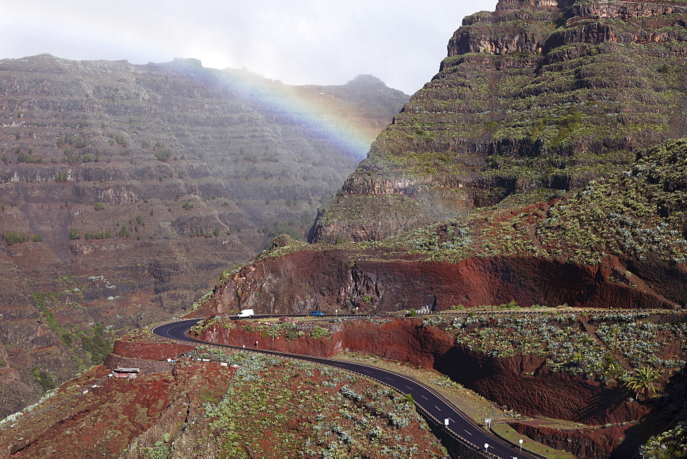 Road in Valle Gran Rey, rainbow, La Gomera, Canary Islands, Spain, Europe