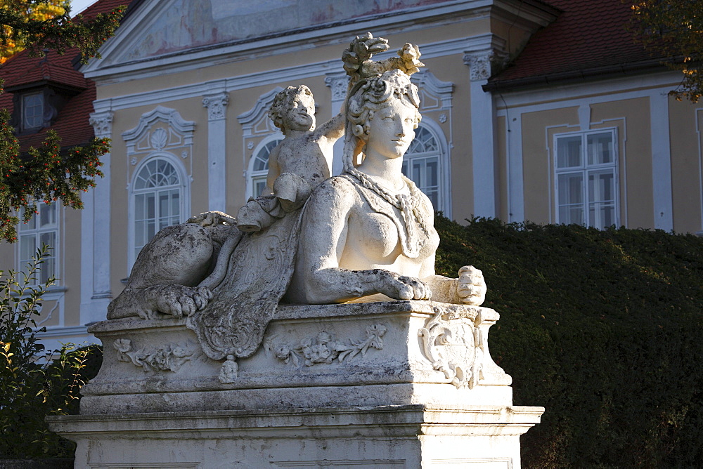 Sphinx in front of Schloss Baumgarten castle, Mautern on the Danube, Wachau, Mostviertel district, Lower Austria, Austria, Europe