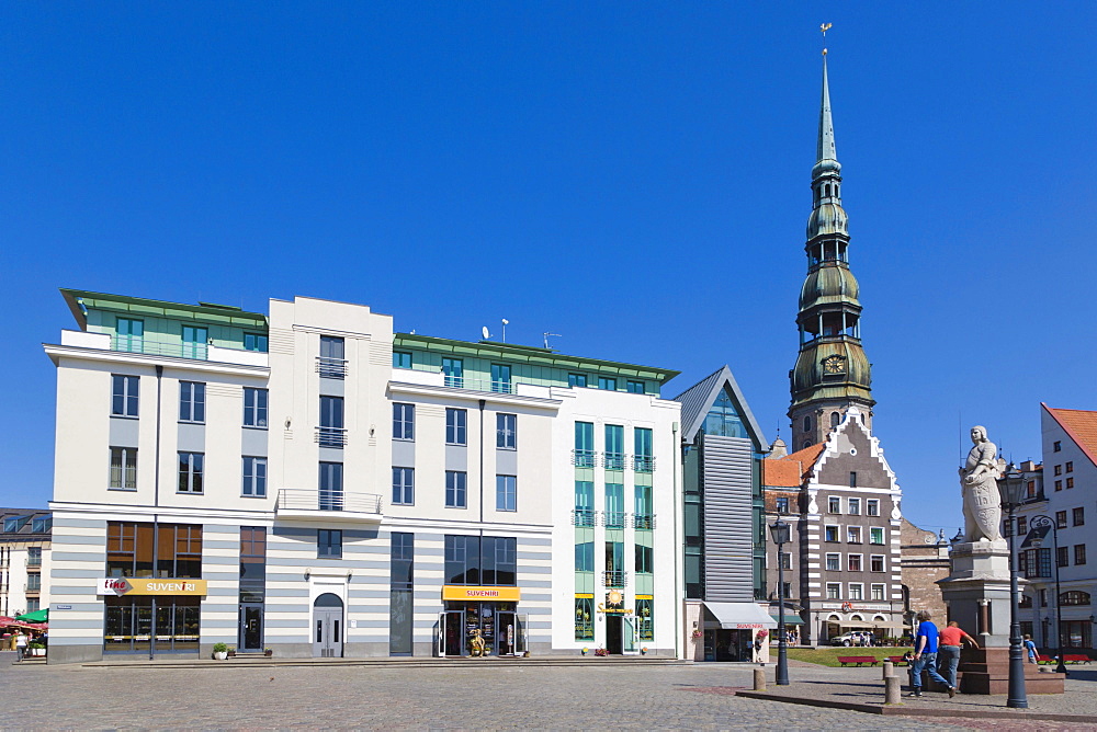 The spire of the St Peter's Church and Town Hall Square, Ratslaukums, old town, Vecriga, Riga, Latvia, Northern Europe