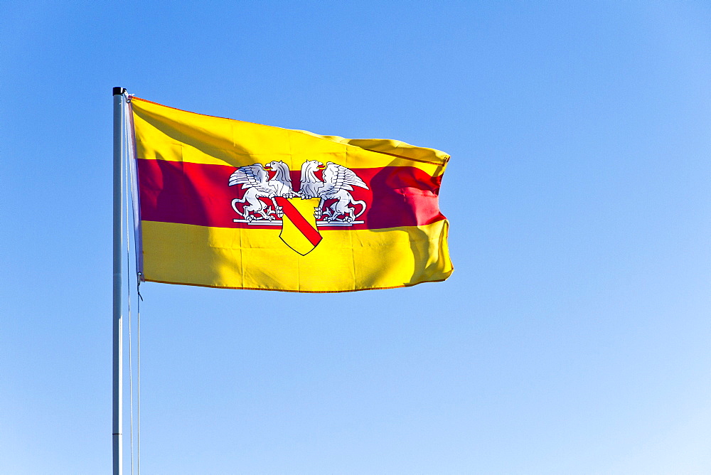 Flag with Baden coat of arms, Mt. Feldberg, Black Forest, Landkreis Hochschwarzwald county, Baden-Wuerttemberg, Germany, Europe