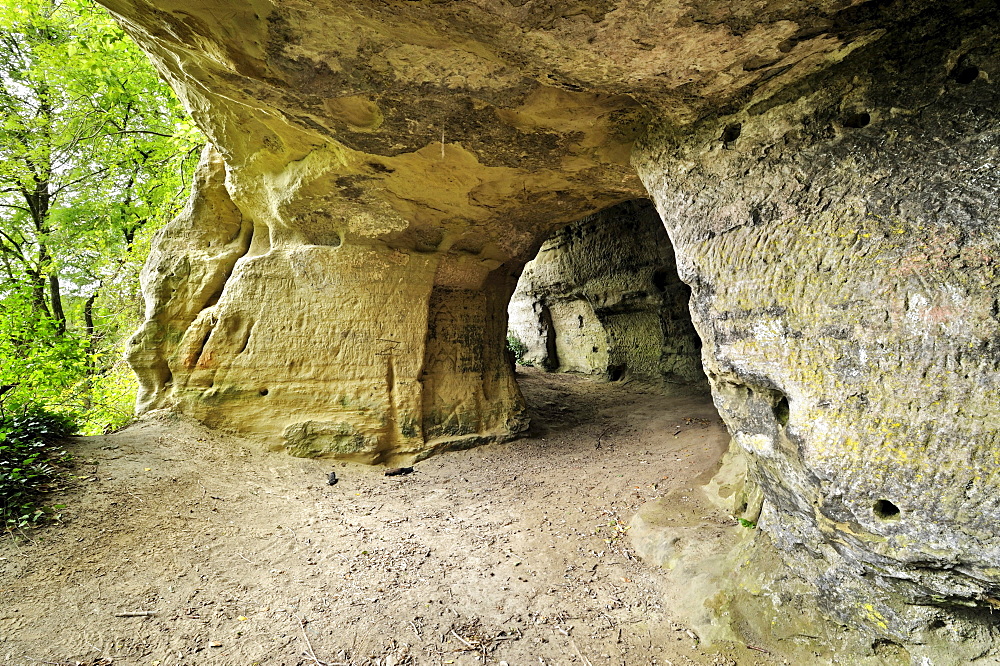 Sandstone cave above the pilgrimage shrine of Our Lady of the Rock in Aachtobel Nature Reserve, Lake Constance District, Baden-Wuerttemberg, Germany, Europe