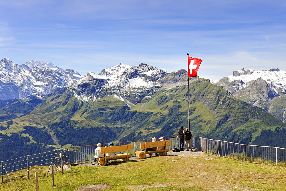 Viewing platform at the mountain top station of the 2334 metre high Maennlichen Mountain overlooking the 2973 metre high Schilthorn Mountain in the Bernese Alps, Canton of Bern, Switzerland, Europe