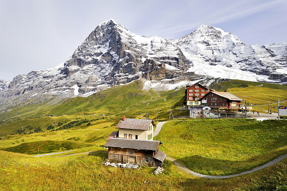 Kleine Scheidegg Pass with a view towards the Jungfrau Massif with the 3970 metre high Eiger Mountain and the 4107 metre high Moench Mountain, Canton of Bern, Switzerland, Europe