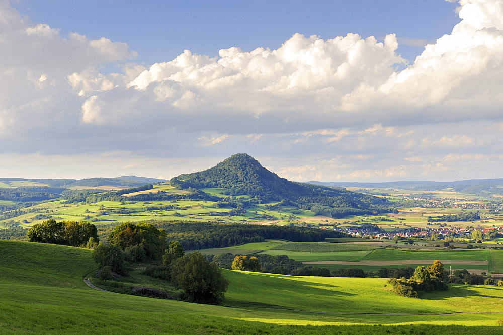 The Hohenhewen volcano in a late summer landscape, Hegau region, Landkreis Konstanz county, Baden-Wuerttemberg, Germany, Europe