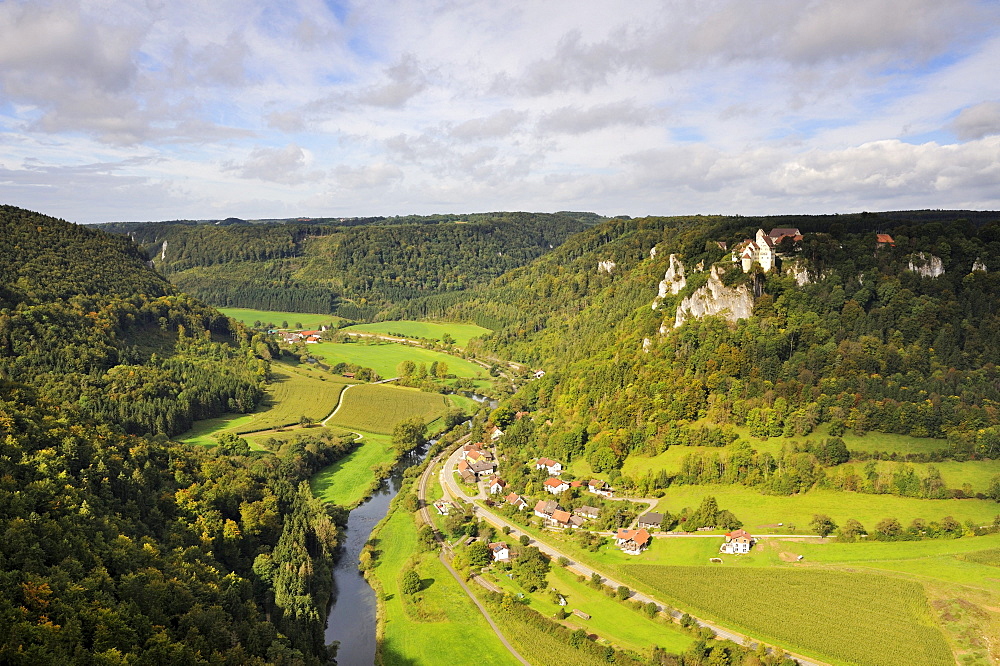 View towards the autumnal Upper Danube Valley to the community of Langenbrunn with Schloss Werenwag Castle, district of Sigmaringen, Baden-Wuerttemberg, Germany, Europe