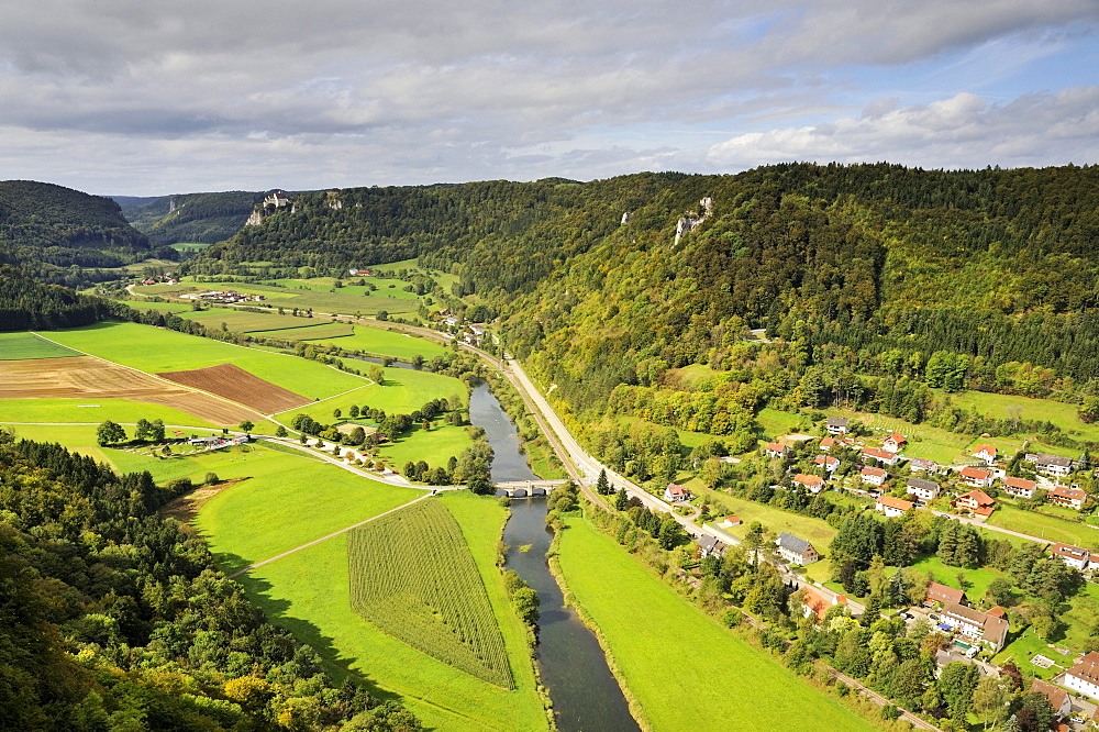 View from the Hausener Zinnen rocks towards the autumnal Upper Danube Valley near Hausen, district of Sigmaringen, Baden-Wuerttemberg, Germany, Europe