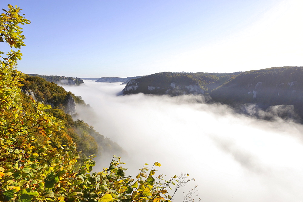 Misty atmosphere in the autumnal Upper Danube Valley, district of Sigmaringen, Baden-Wuerttemberg, Germany, Europe