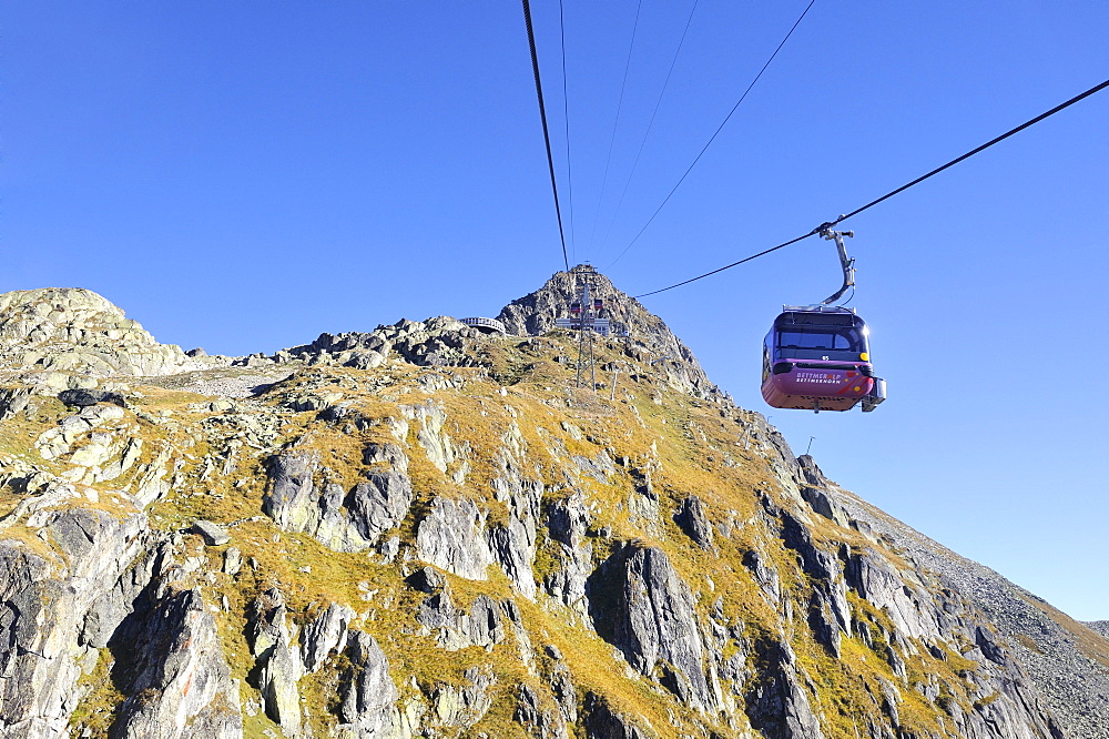 View towards Bettmerhorn Mountain, 2872 metres high, above Bettmeralp with a cable car gondola, Canton of Valais, Switzerland, Europe