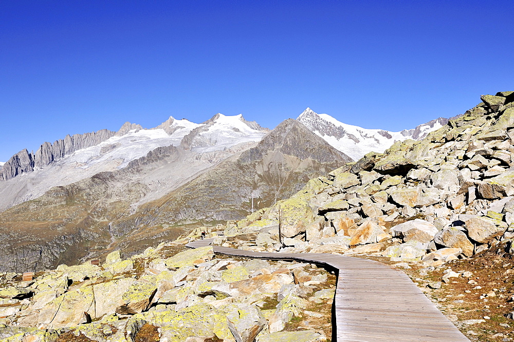 Wooden track for wheelchair access on Bettmerhorn Mountain, 2872 metres high, leading to the observation deck above the Aletsch Glacier, Canton of Valais, Switzerland, Europe