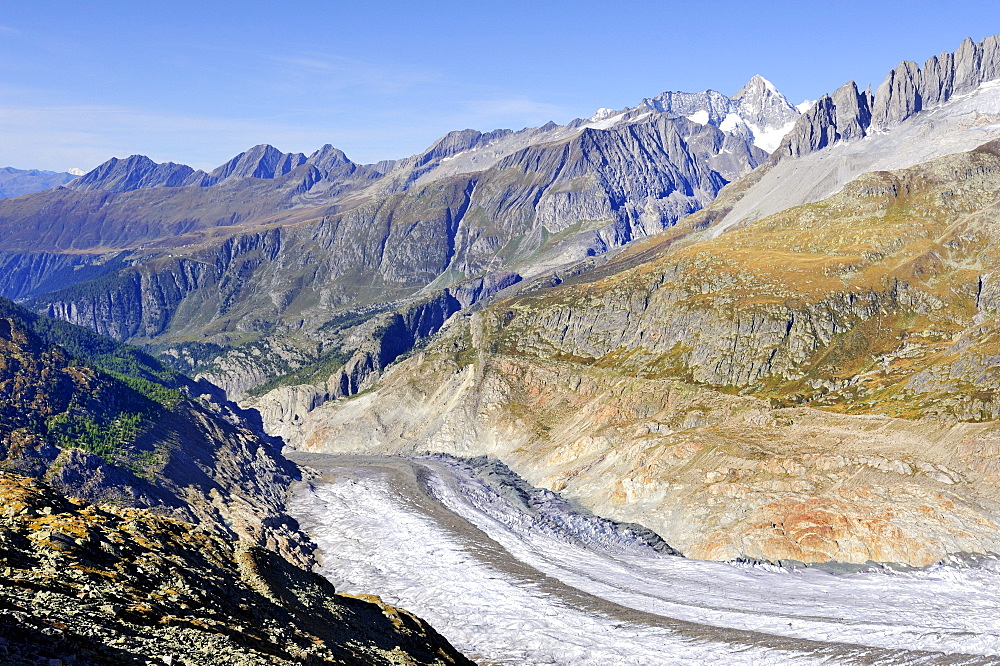 View from Bettmerhorn Mountain over the western end section of the Aletsch Glacier, Canton of Valais, Switzerland, Europe