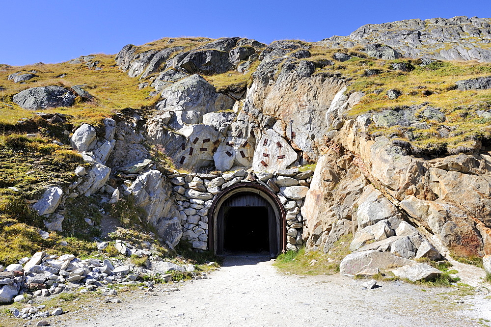 Taelligrattunnel, a 1 km long discharge tunnel built in 1895, between Maerjelensee lake and Fiescheralp, now used as a hiking trail and short-cut, Canton of Valais, Switzerland, Europe