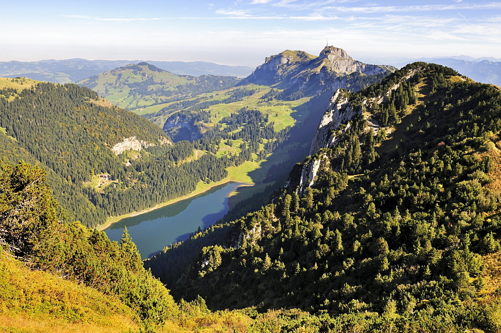 View from Mt. Stauberen down to Lake Saemtisersee, Mt. Hoher Kasten on the horizon, Canton Appenzell-Innerrhoden, Switzerland, Europe