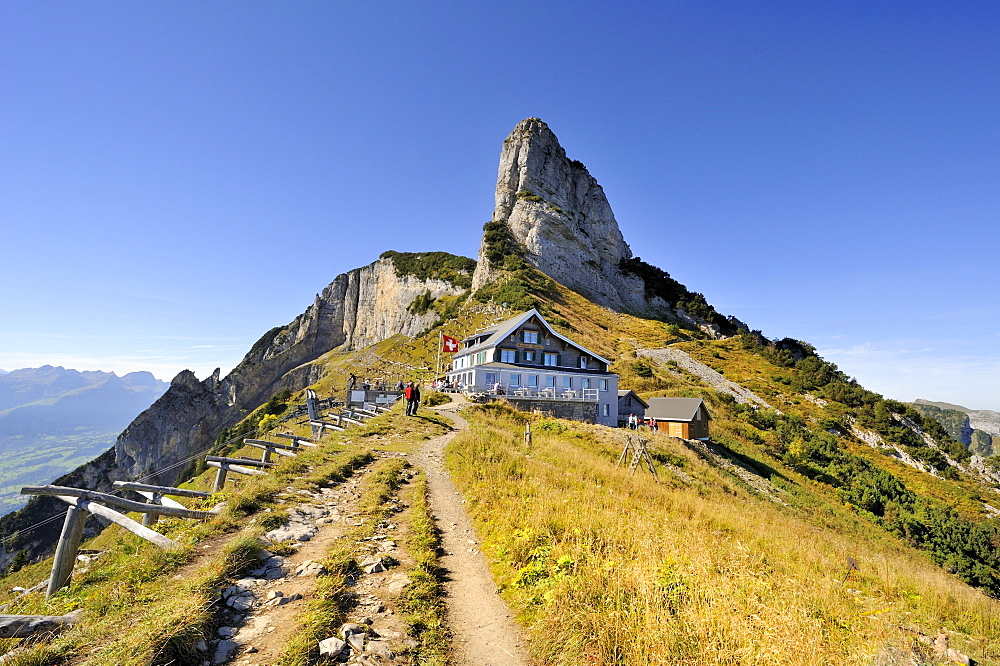 Trail to the Staubern mountain restaurant, in the back the Stauberenkanzel peak, Canton Appenzell-Innerrhoden, Switzerland, Europe