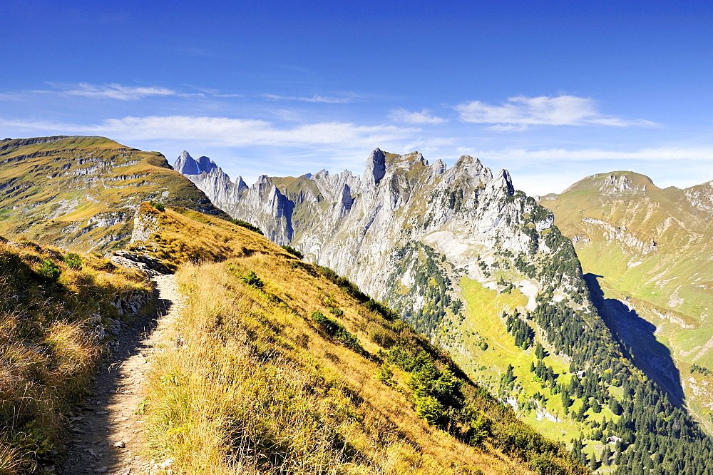 The geological hiking trail on Mt. Furgglenfirst from Mt. Stauberen to the Saxer Luecke pass in the Appenzell Alps, Canton Appenzell-Innerrhoden, Switzerland, Europe