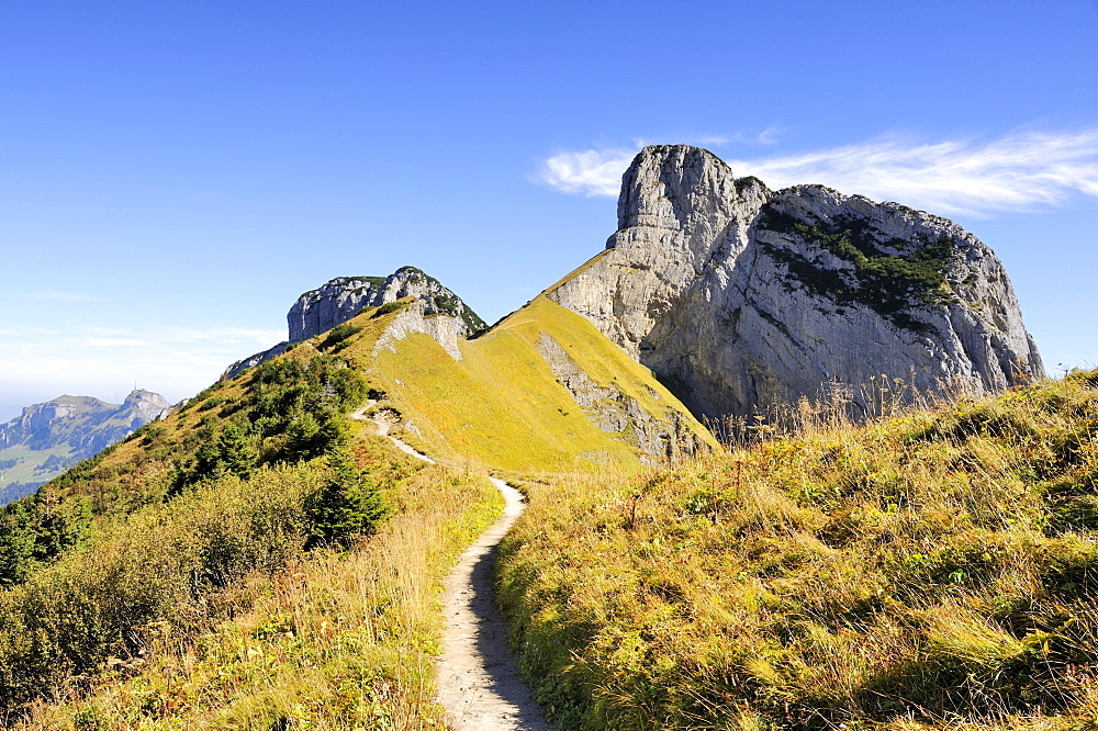 The geological hiking trail from the Saxer Luecke pass to Mt. Stauberen in the Appenzell Alps, Canton Appenzell-Innerrhoden, Switzerland, Europe