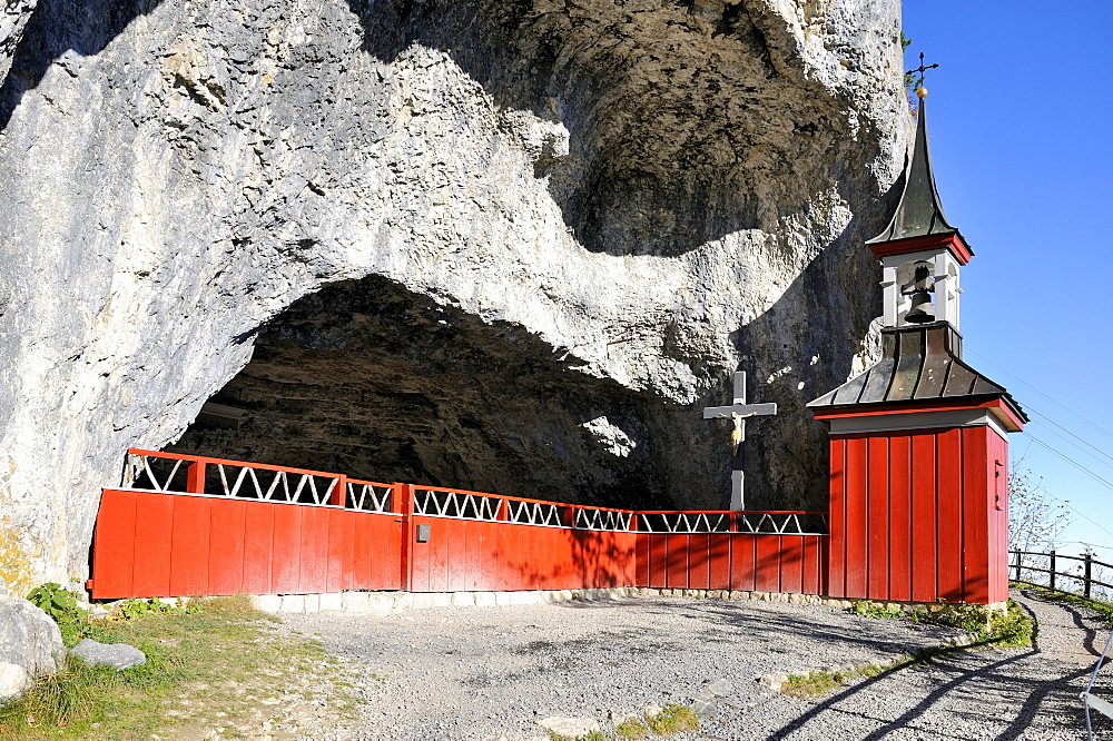 Historic chapel at the Altarhoehle cave, Wildkirchli caves, below the Ebenalp in the Alpstein mountains, Canton Appenzell-Innerrhoden, Switzerland, Europe