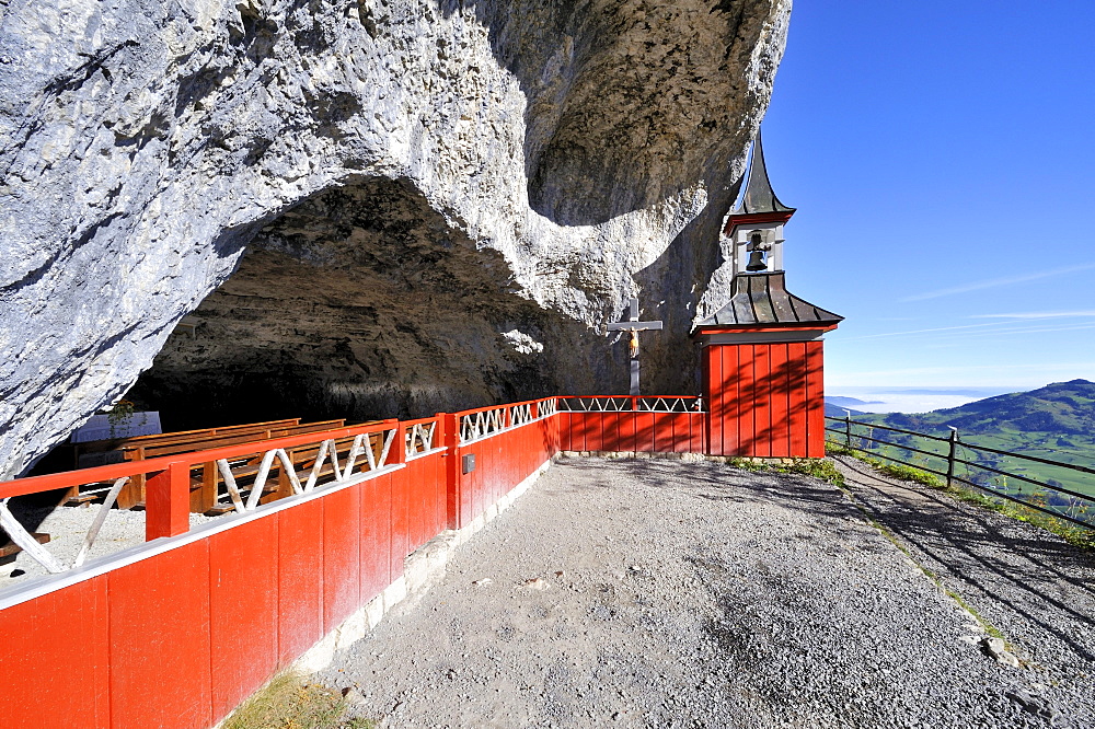 Historic chapel at the Altarhoehle cave, Wildkirchli caves, below the Ebenalp in the Alpstein mountains, Canton Appenzell-Innerrhoden, Switzerland, Europe