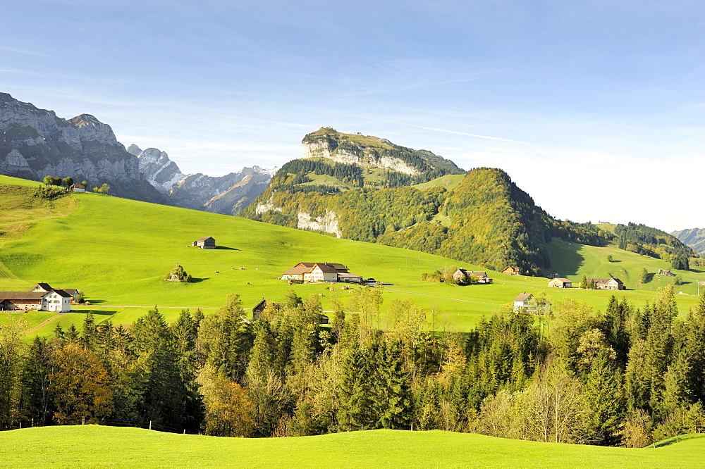 Views over the Alps at Bruelisau on the Ebenalp, in the back the Appenzell Alps, Canton Appenzell Inner-Rhodes, Switzerland, Europe