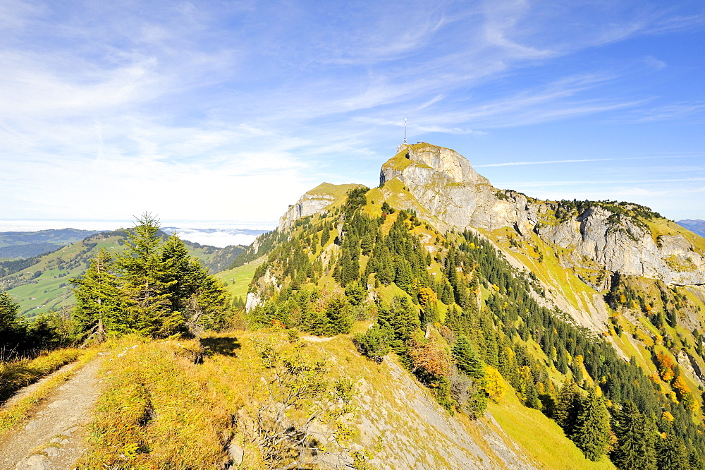 View from the geological hiking trail on the peak of Mt. Hoher Kasten in the Appenzell Alps, Appenzell Inner-Rhodes, Switzerland, Europe