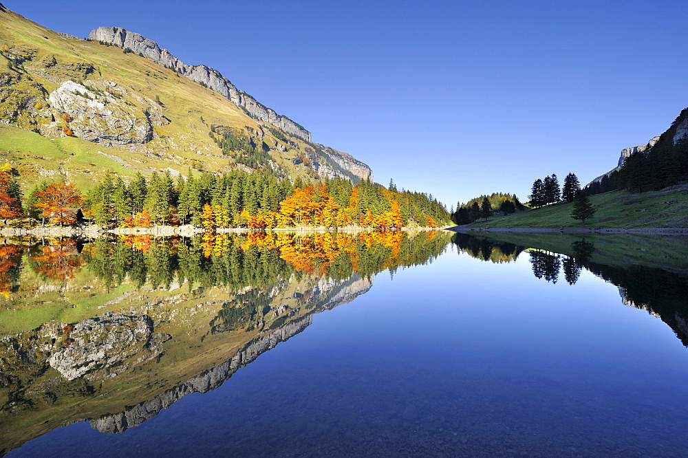 Fueessler, Zisler and Ebenalp Mountains reflected in Seealp Lake, at 1143 m altitude, Canton of Appenzell Inner-Rhodes, Switzerland, Europe