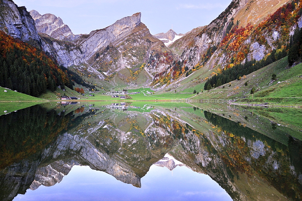 Early morning mood before sunrise looking over Seealp Lake, at 1143 m altitude, towards Rossmad Mountain, 2103 meters high, right behind, Saentis Mountain, to the left, Altmann Mountain, Canton of Appenzell Inner-Rhodes, Switzerland, Europe