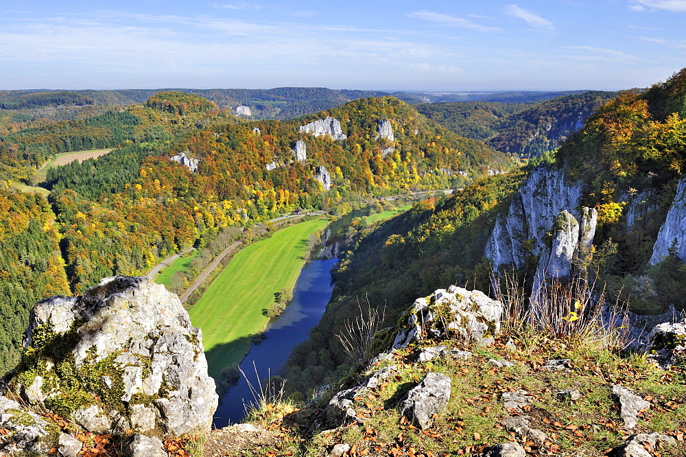 View from the Lenzenfelsen rocks over the Upper Danube Valley with autumn vegetation, Sigmaringen district, Baden-Wuerttemberg, Germany, Europe