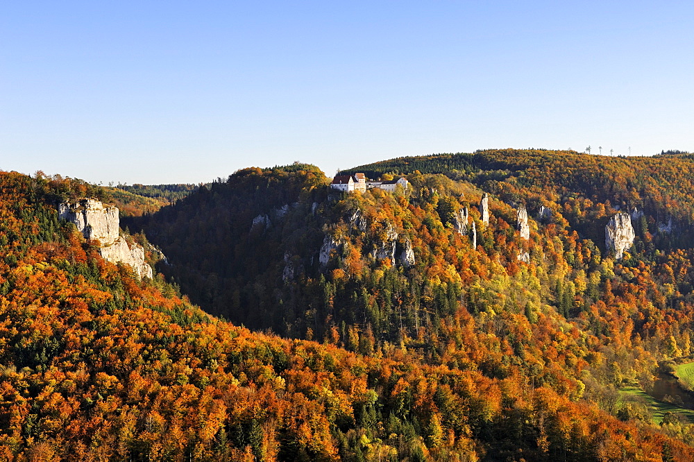 View over the Upper Danube Valley with autumn coloured beech forests, on the horizon, Burg Wildenstein Castle, Sigmaringen district, Baden-Wuerttemberg, Germany, Europe