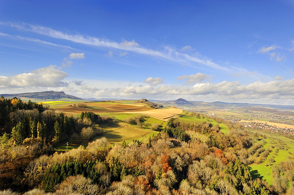 View over the autumn landscape in the Hegau region with the volcanoes of Hohenstoffeln, Maegdeberg and Hohenhewen, Konstanz district, Baden-Wuerttemberg, Germany, Europe