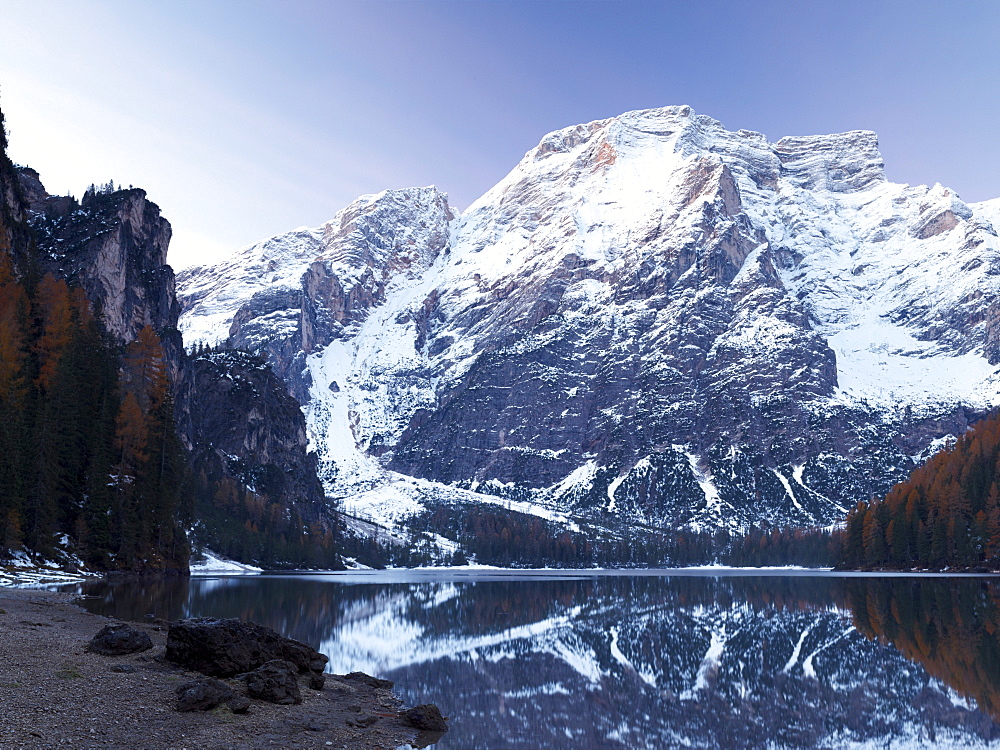 Lago di Braies or Pragser Wildsee lake at sunrise, Puster Valley, Alto Adige, Italy, Europe